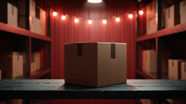 Cardboard box on wooden table in dimly lit storage room with string lights and shelves creating warm industrial atmosphere