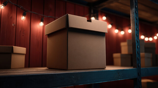 Cardboard box storage shelf warehouse string lights wooden wall packaging gift box closed box