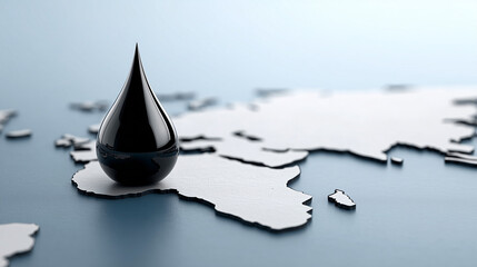 Fototapeta premium Global Energy in Focus: A single drop of crude oil poised atop a world map, symbolizing the vital role of energy resources and their global impact. 