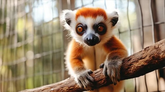 Lemur sitting on tree branch in zoo habitat. Exotic animal staring at camera with large eyes. Cute primate observation in nature reserve, safari wildlife world.