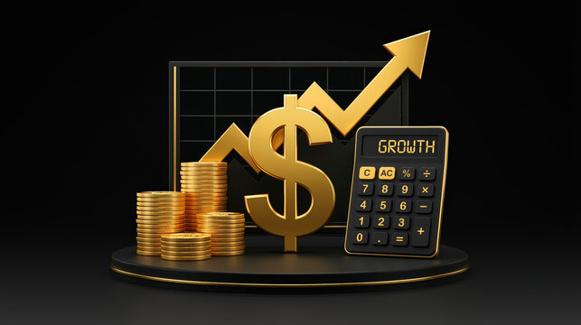 Financial growth concept with dollar symbol coins stack calculator and rising arrow graph on dark background business profit investment success 3d render