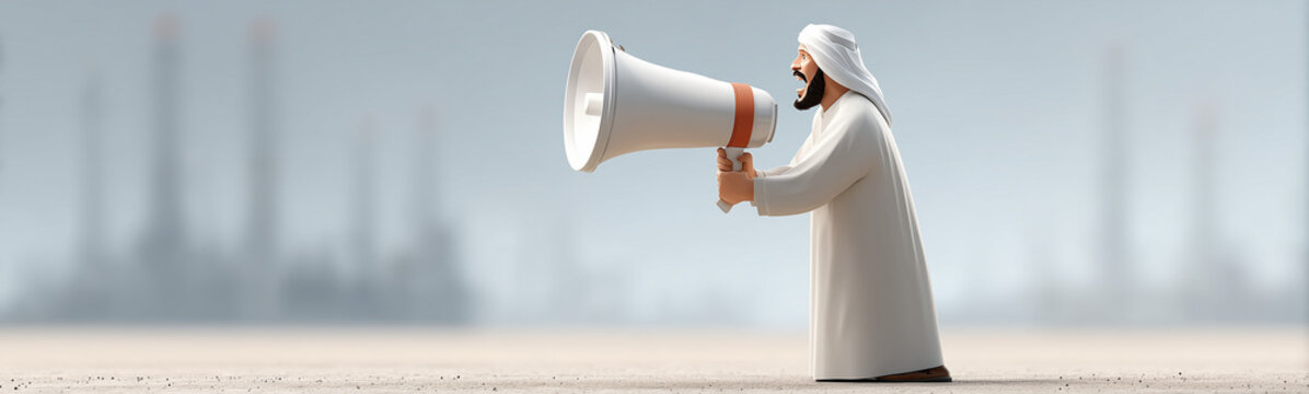 Voice of the Desert: A traditionally-dressed man, embodying cultural identity, is conveying a message with a megaphone against an evocative desert backdrop.