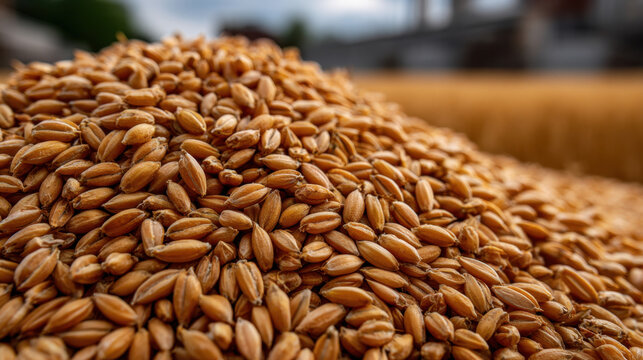 Golden wheat grain pile closeup with textured kernels and warm tones in shallow depth of field conveying harvest abundance and rustic warmth