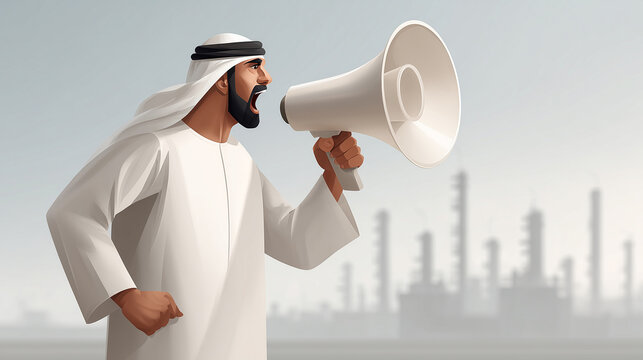 Voice of Authority: A man in traditional attire, shouts emphatically into a megaphone, set against the backdrop of an industrial landscape. A compelling visual