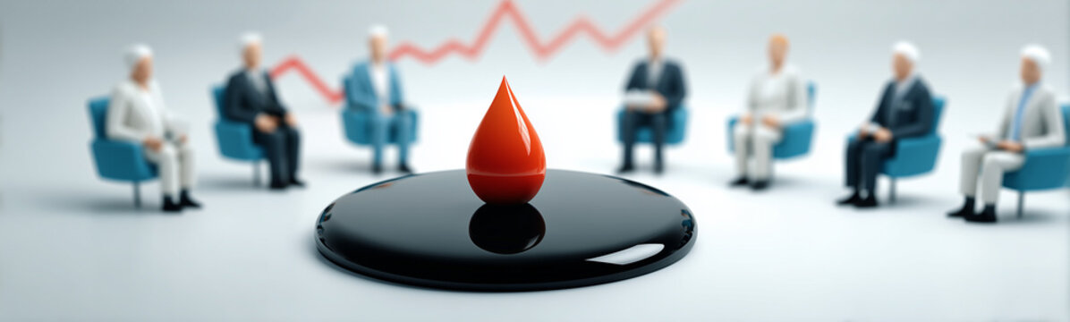 Oil Conference: A conceptual image featuring a gathering of professionals, a drop of oil at the center symbolizing the core focus of their discussion and decisions.
