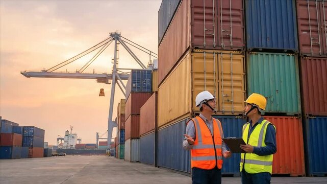 Two asian surveyors in hardhat and high visibility vest inspect shipping container at port. Men coordinate logistics management at sunset terminal dock operation.
