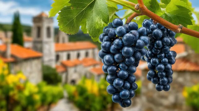 Luscious purple grapes hang from vine with ancient buildings in background