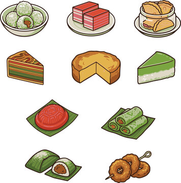 Traditional Malaysian Kuih Muih dessert collection, assorted Asian sweet snacks and cakes vector set