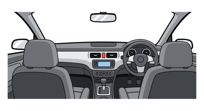 Car Interior Vector Illustration, Inside View, Dashboard, Steering Wheel, Vector Style Graphic for Design