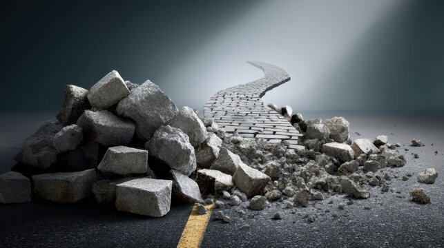 Crumbling road with cobblestone path emerging from rubble lit by spotlight, concept of disrupted journey and transformation
