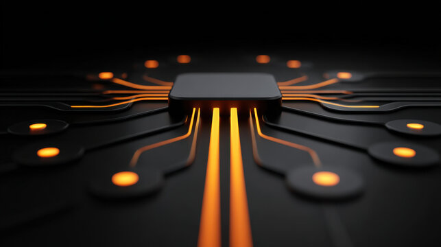 Glowing microchip center glowing circuit pathways illuminated electronics board futuristic processor hub digital technology innovation warmth