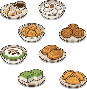 Traditional Malaysian Kuih Muih dessert collection, assorted Asian sweet snacks and street food vector set