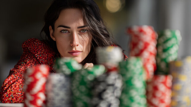 Woman with unreadable expression behind colorful poker chips, focused intense mood
