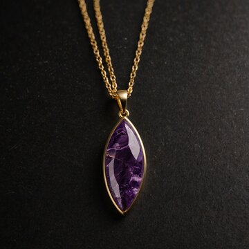 Marquise cut sugilite gemstone on gold necklace on plain black background