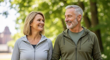 Fototapeta premium Happy middle aged couple walking in park with healthy lifestyle, love and outdoor wellness concept.