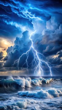 A photo of a violent thunderstorm raging over an expansive ocean, with jagged lightning bolts cutting through the dark sky and a deafening rumble of t