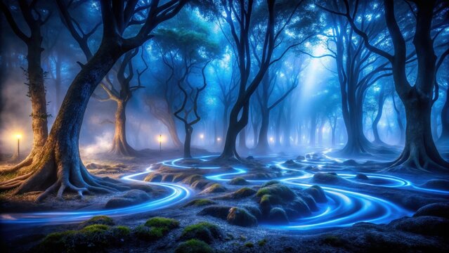A photo of mysterious blue fog swirling across a dark forest floor, illuminated by the moonlight filtering through the dense canopy, creating an ether