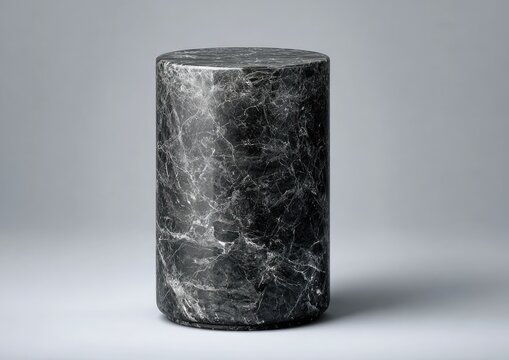 A cylindrical stool made of polished dark grey marble with intricate white veining