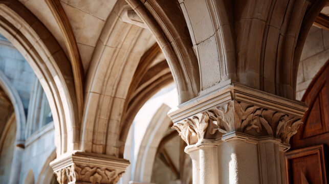 Gothic arch, stone column, carved detail, architectural study, sunlight, historic building