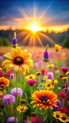Obraz premium A photo of a bright sunlit meadow with colorful wildflowers blooming in vibrant hues of yellow, orange, pink, and purple