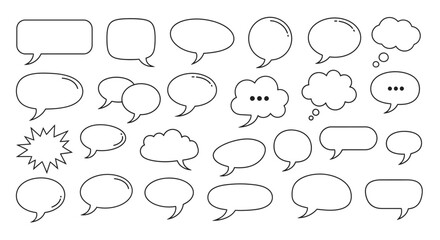 Fototapeta premium empty speech and thought bubbles vector illustration featuring diverse comic dialog boxes and communication elements on white.