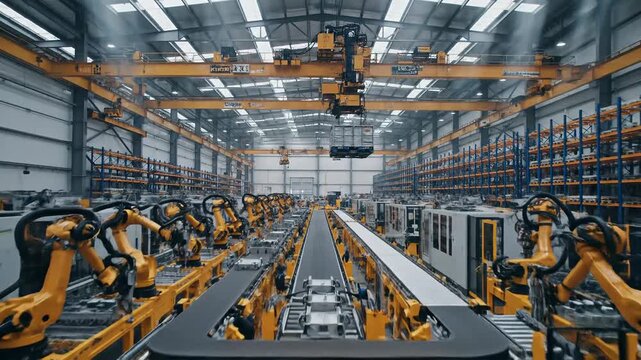 Automated robotic arms assembly line in a modern factory, industrial automation, manufacturing process