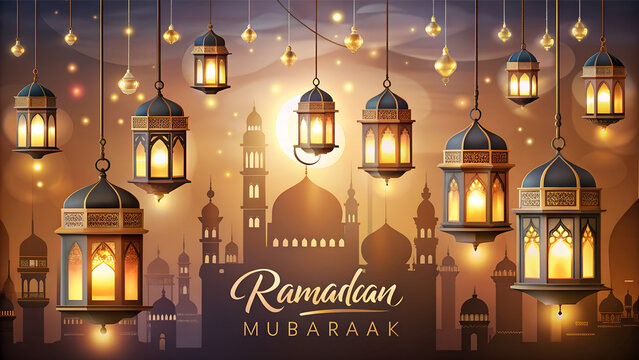 Ramadan Mubarak banner with hanging lanterns and mosque silhouette on warm glowing background