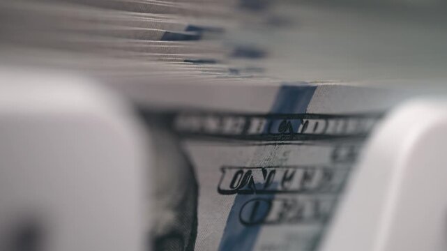 Close-up view of cash being processed through a currency counting machine, showcasing stacks of hundred-dollar bills in a financial setting with visible details