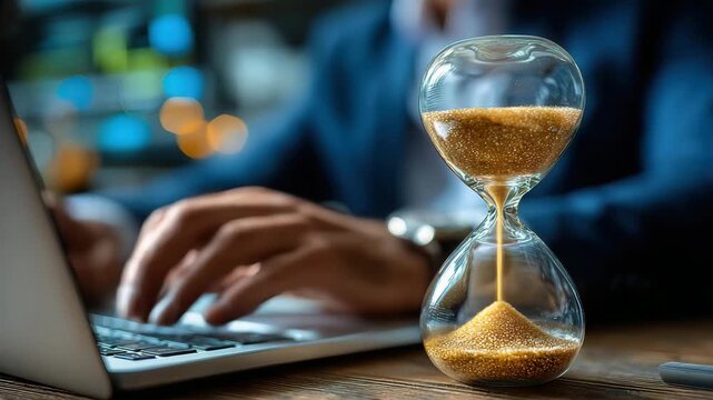 Businessman working under time pressure with hourglass on desk