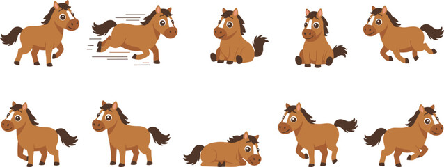 Cartoon vector illustration of brown horse with black mane in multiple poses including running, sitting, lying, and walking © shamsuzzoha