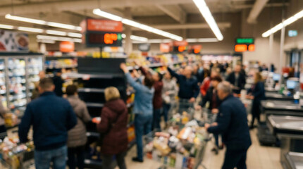 Obraz premium Intentionally blurred image of people shopping and reaching for items in a supermarket aisle
