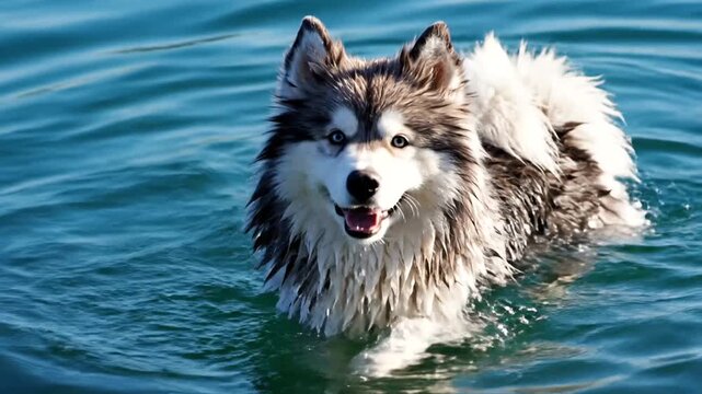 Husky dog swimming in blue water.