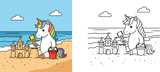 Cute Unicorn Building a Sandcastle at the Beach Coloring Page and Color Version for Kids, Fantasy Magic Animal Vector Illustration for Summer Vacation Educational Activity and Play © MSTA