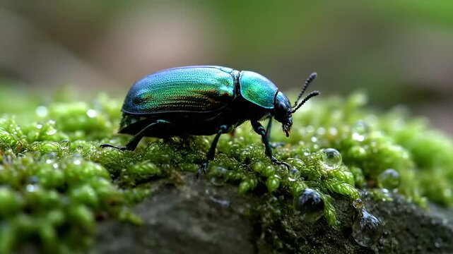 Vibrant iridescent metallic green beetle, shimmering like a jewel, navigates a lush, damp bed of verdant moss dotted with glistening water droplets in its natural habitat
