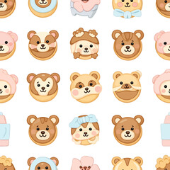 Obraz premium A seamless pattern of cute cartoon bear faces in various pastel colors and designs on a white background.