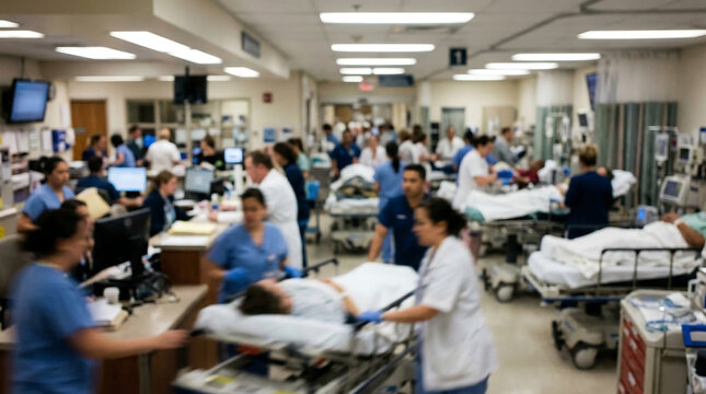 Intentionally blurred snapshot of a bustling medical facility, highlighting the constant activity of dedicated healthcare professionals during patient care