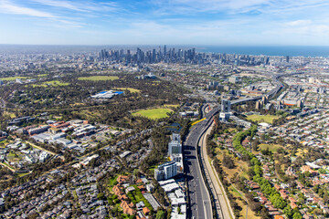 Fototapeta premium High angle perspective of complex curving highway overpasses and urban transport infrastructure in Melbourne Victoria