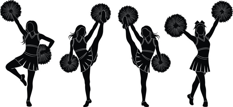 Set of cheerleader silhouettes with pom poms, high school spirit girl athletes performing dance moves and stunts for sports design,