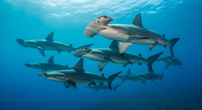 School of Hammerhead Sharks Swimming Together in Deep Blue Ocean