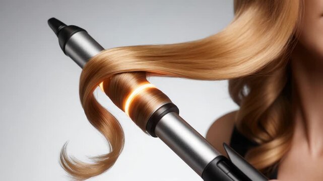 Blonde woman curling hair with heated styling tool