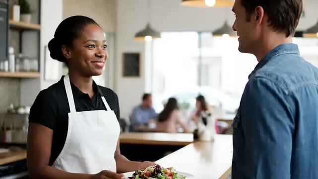 A smiling waitress presents a healthy salad to a customer at a cafe counter, highlighting excellent service and fresh ingredients