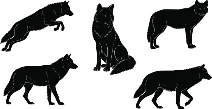 Wolf silhouette vector set, wild animal collection with jumping and standing wolves, predator canine icons for nature and wilderness design.