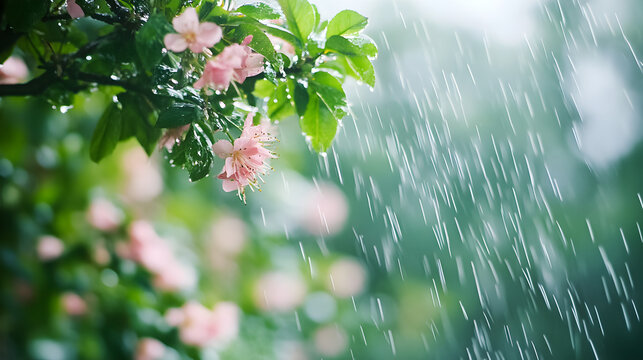 Spring rain falls gently on blooming garden with soft focus effect highlighting lush greenery and delicate pink