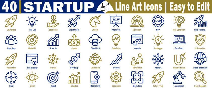 Startup line art icons. Featuring specialized terminology like unicorn status, pivot traction, bootstrap global expansion, and technical infrastructure vector illustration.