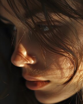 Close-Up Portrait of Face Half-Lit by Winter Window Light in Cinematic Soft Focus Composition