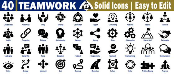 Teamwork solid icons. Collection for collaboration partnership unity, synergy, co-creation support, and brainstorming for business applications vector illustration. © Logo Solution