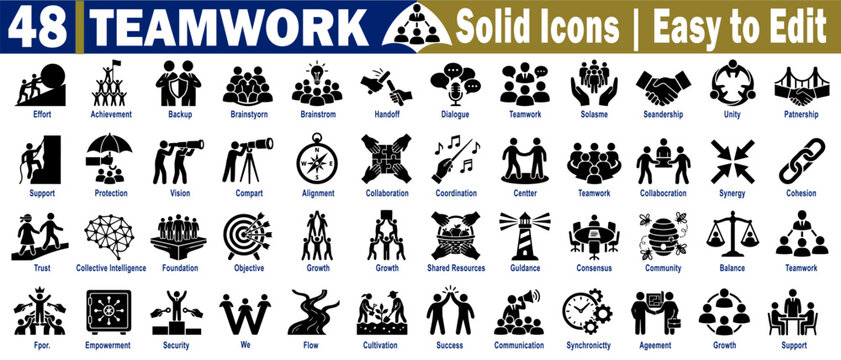 Teamwork icons set. Collection of representing effort achievement backup, brainstorming handoff dialogue unity, and partnership for business concepts vector illustration.