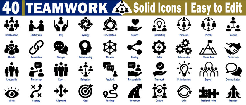 Teamwork solid icons. Collection for collaboration partnership unity, synergy, co-creation support, and brainstorming for business applications vector illustration.