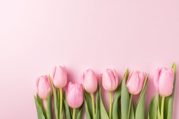 Fototapeta premium beautiful pink tulip flowers on a pastel background, a flat lay top view with copy space. 