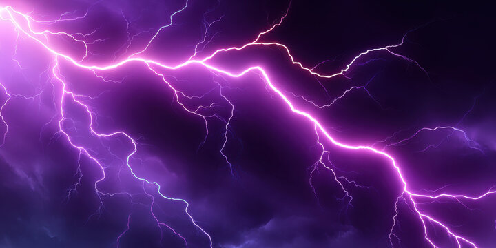 Purple lightning strike across stormy sky with dramatic cloud contrast and electric energy, vivid magenta bolts branching over dark violet thunderclouds creating intense atmospheric motion